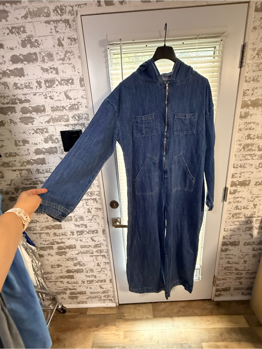 Denim Hooded Zip-Front Jumpsuit in Deep Blue - Picture 6 of 10